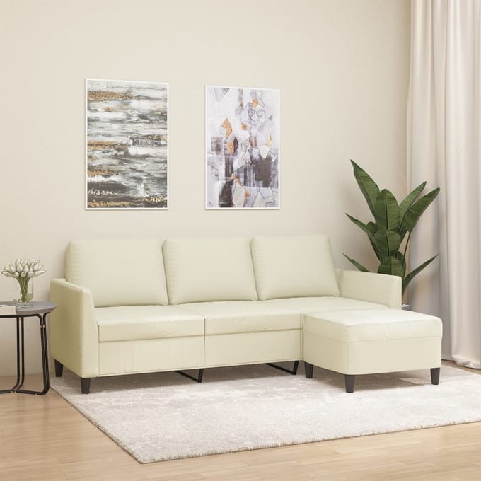 vidaXL - Driezitsbank - met - voetenbank - 180 - cm - kunstleer - crème