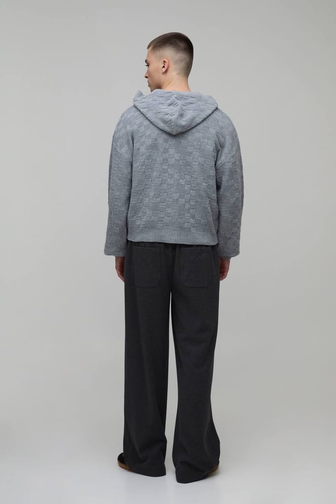 Boxy Fit Soft Touch Basketweave Gebreide Hoodie | Grey | Size Small