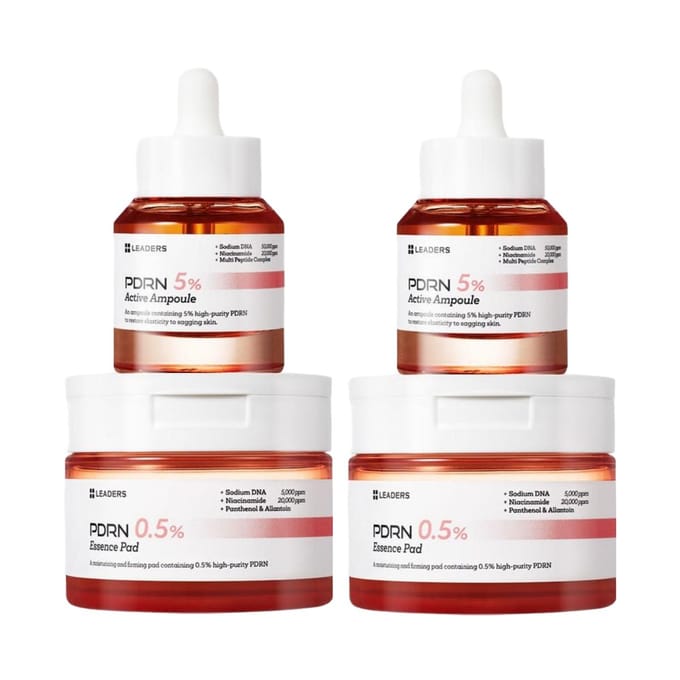 LEADERS Ampoule Active PDRN 30ml Double Pack + Pack de Pads Essentiels 135ml Ensemble Soin Anti-Âge Raffermissant 4 articles white