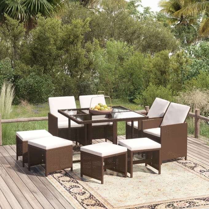 vidaXL - 9-delige - Tuinset - met - kussens - poly - rattan - bruin