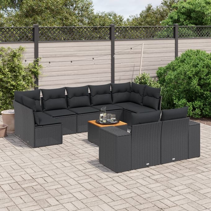 vidaXL - 10-delige - Loungeset - met - kussens - poly - rattan - zwart