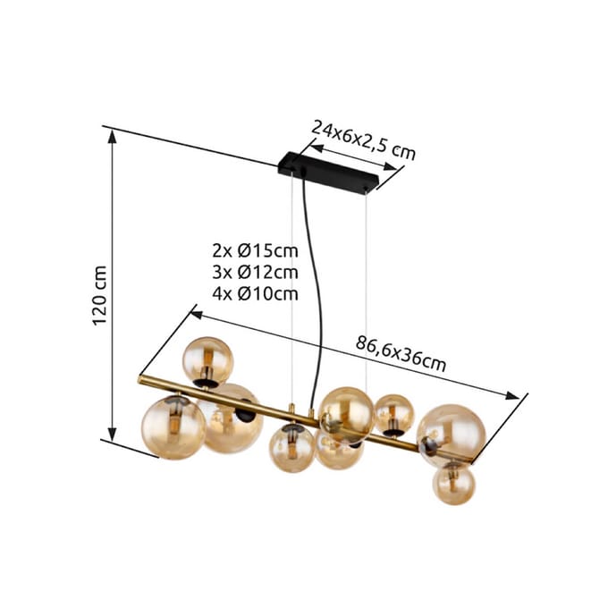 Globo Hanglamp Riha, lengte 86 cm, messingkleurig, amber, 9-lamps.