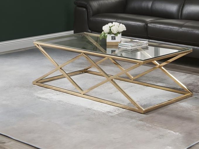 Vente-unique Salontafel CHARLOTTE - Gehard glas en staal - Goudkleurig