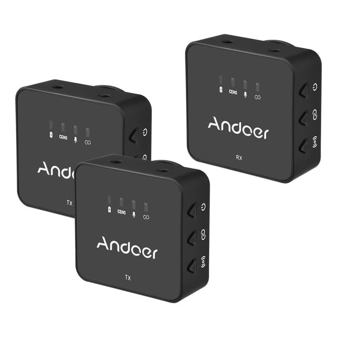 Système de microphone sans fil Andoer One-Trigger-Two 2.4G (2 émetteurs + 1 récepteur) Clip noir