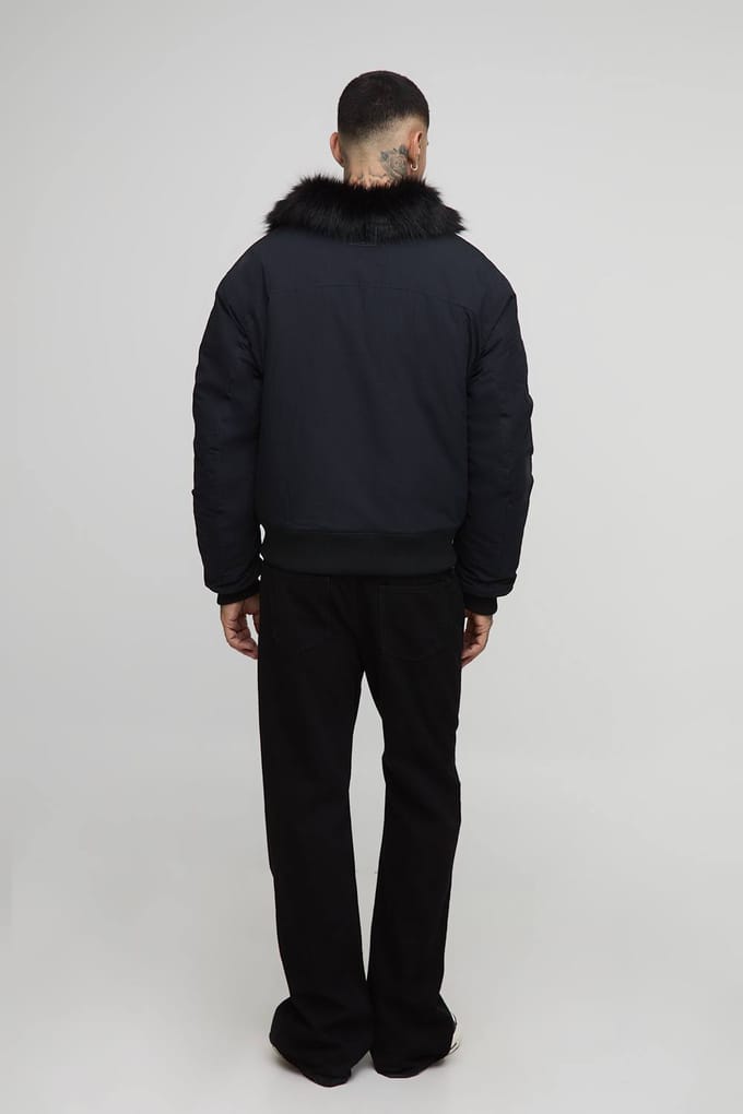 Tall Faux Fur Collar Regular Fit Bomber Jacket | Black | Size Medium