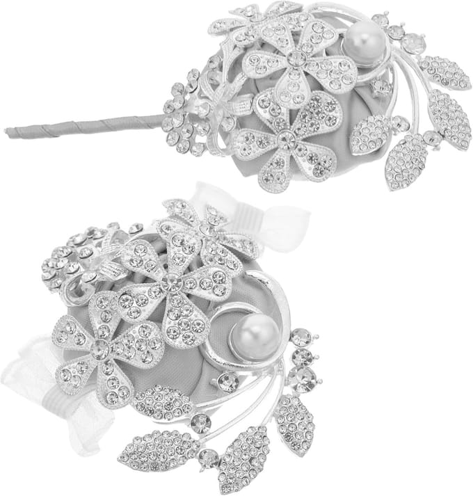 Kunstbloem Corsage - Polsbloem Armband - Bruiloft Feest - Strass Versieringen - 7.5x6x2 cm - Zilver