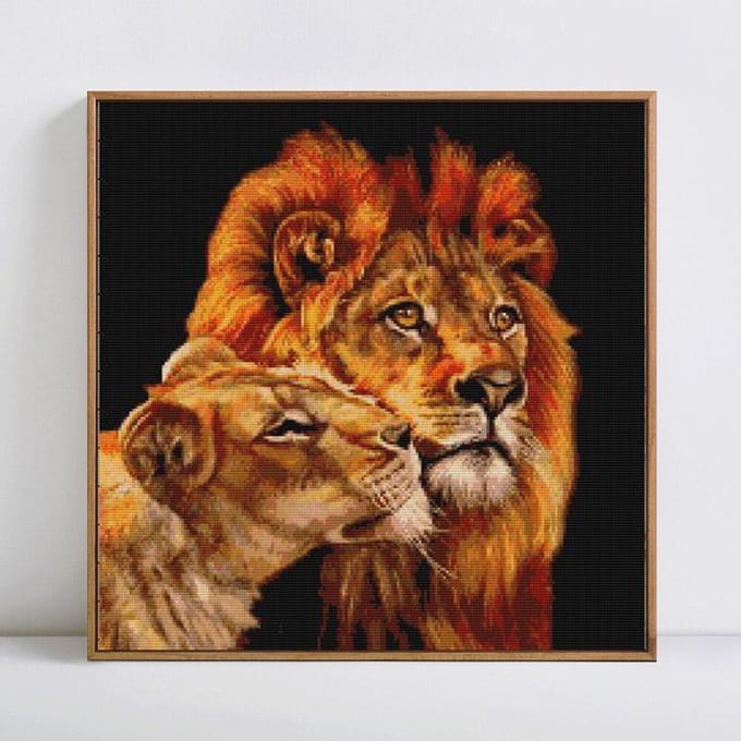 Peinture diamant thème Lion et fils, broderie complète, point de croix 30x30CM brown
