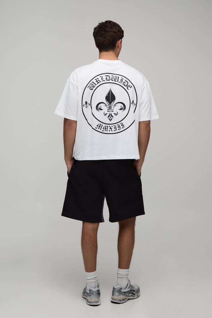 Oversized Boxy Fleur De Lis T-Shirt & Baggy Short Set | White | Size Medium
