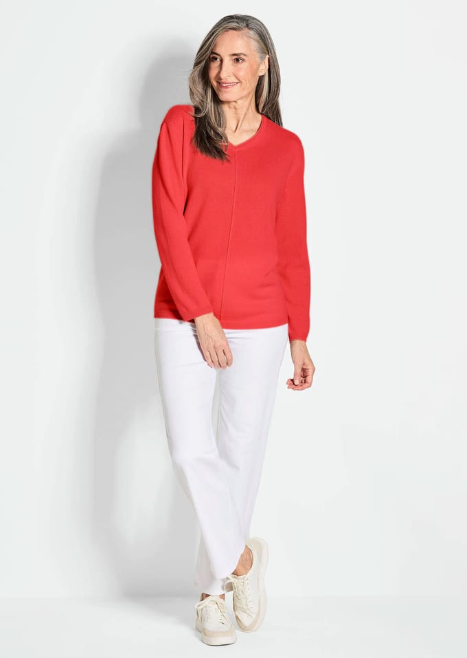 Pullover van kasjmier met V-hals - koraalrood - Gr. 46 van Goldner Fashion