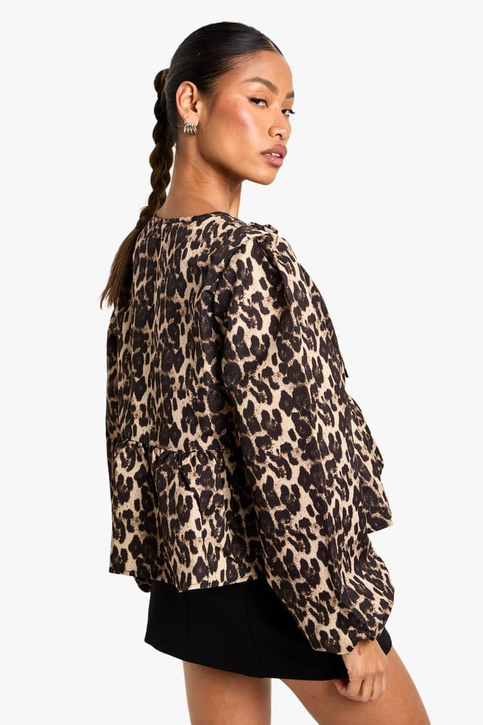 boohoo Dames Leopard tie-front smock top met puffmouwen en lange mouwen | Maat: 6