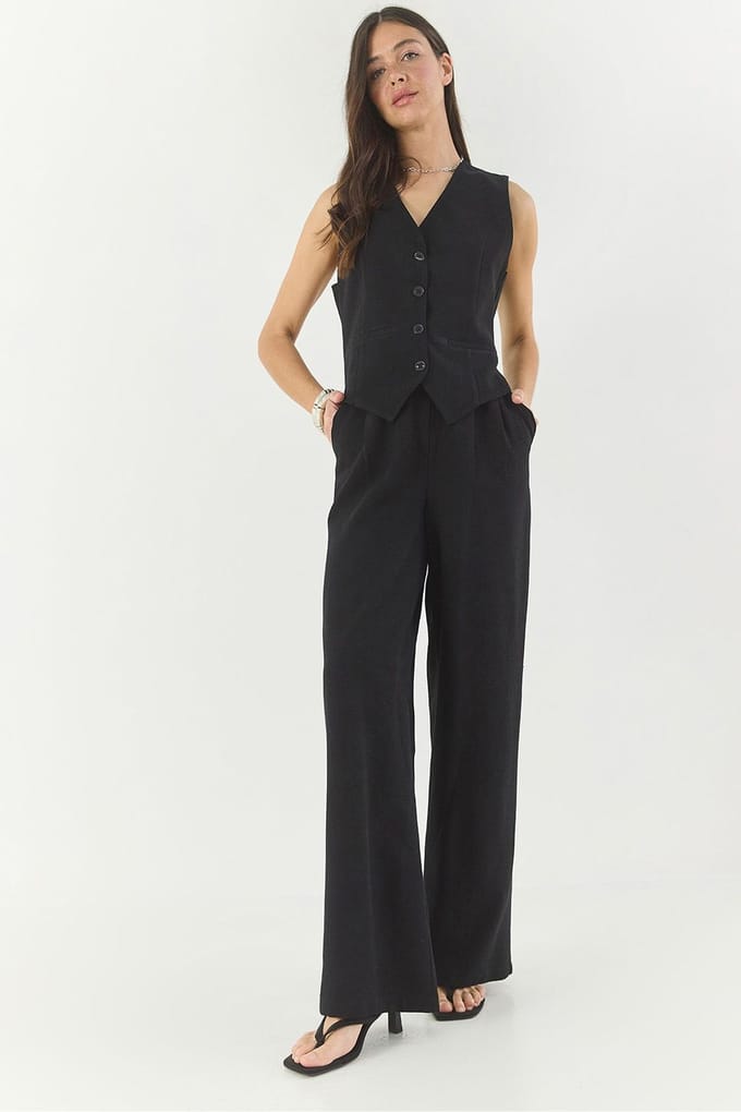 V-hals Vest en Wijde Pantalon Twee-delige Coord Set