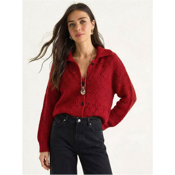 Gestructureerde Polo Kraag Knop Cardigan