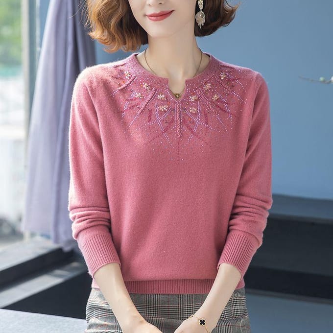 Pull tricoté en cachemire brodé de losanges, pull ample surdimensionné pour femme 2XL bleu