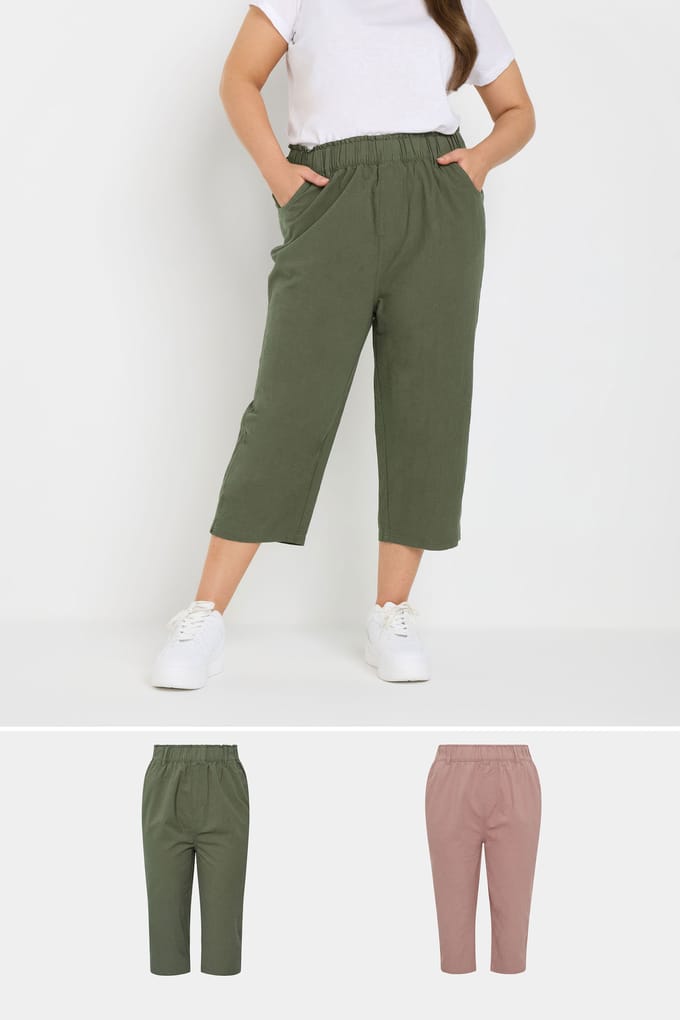 Yours 2Pack Olijfgroene En Roze Cropped Broeken Van Verkoelend Katoen Size 48