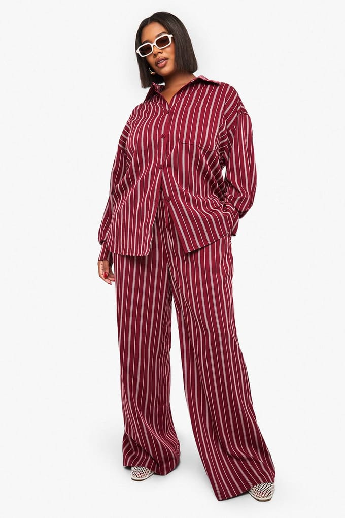 boohoo Dames Plus Oversized gestreept overhemd | Red | Maat: 16