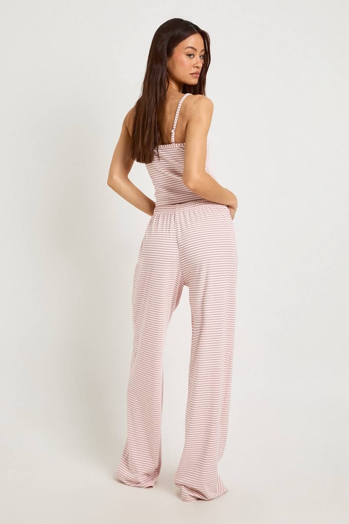 boohoo Dames Lange Zachte Geribbelde Gestreepte Hemdtop & Pyjamabroek Set | Baby Roze | Maat: 46