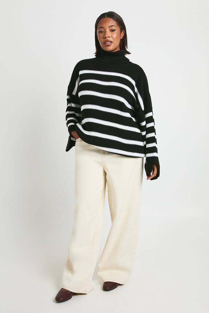 boohoo Dames Plus gestreepte rolkraag gebreide trui | Zwart | Maat: 48