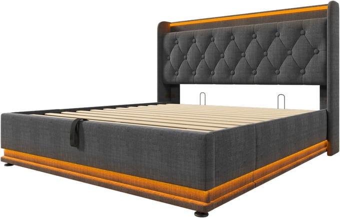 COVREO Bedframe 140x200 cm grijs stof, opbergbed met LED en USB-C