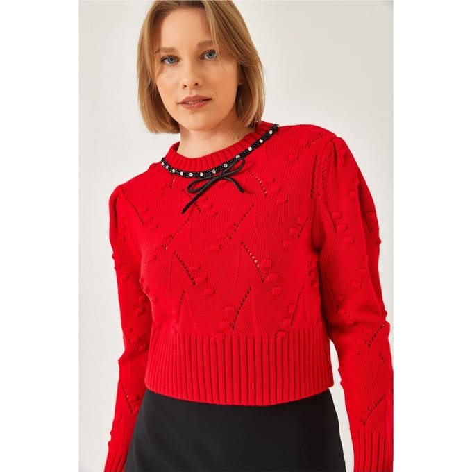 Textured Geborduurd Crew Neck Aansluitend Crop Trui