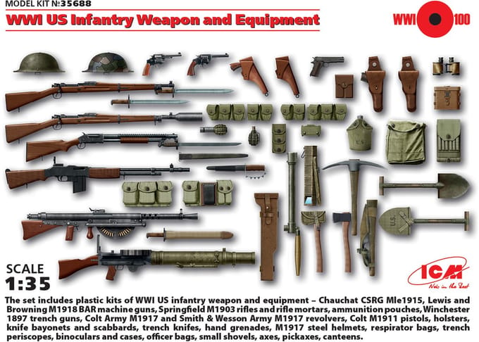 ICM Modelbouwpakket Militaire voertuigen - 35688 WWI US Infantry Weapon and Equipment Plastic - 1:35 - Modelbouw