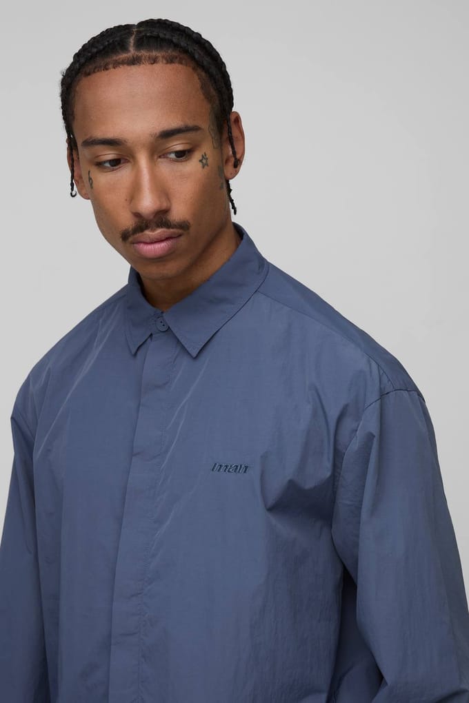 Oversized Verborgen Knopplooi Gerimpeld Overhemd | Slate Blue | Size Medium