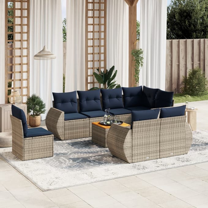 vidaXL - 9-delige - tuinbankset - met - kussens, - grijs - polyrotan