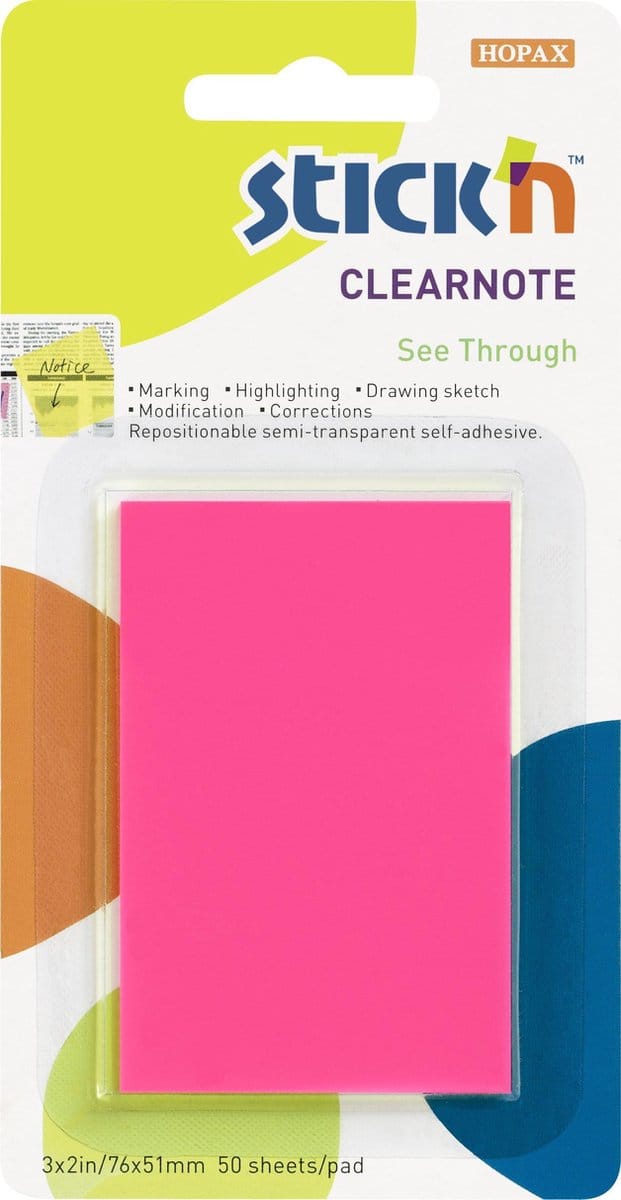 Stick'n Clear Note - Doorzichtige Note - 76x50mm - Magenta - 50 Memoblaadjes