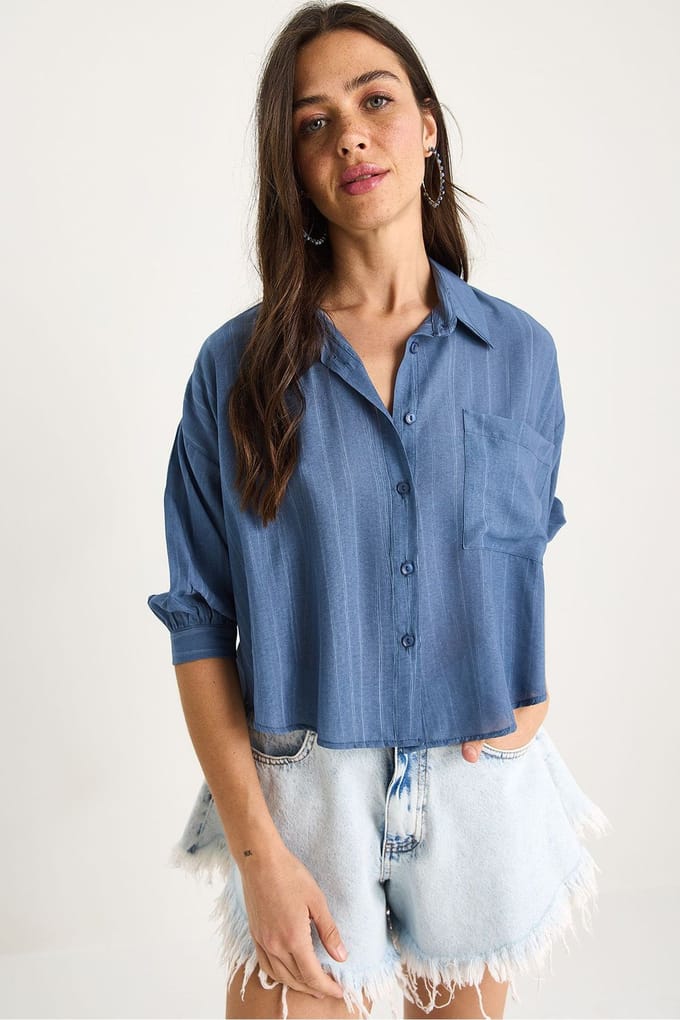 Gestreepte Gevoerde Crop Shirt met Knopen en Zak