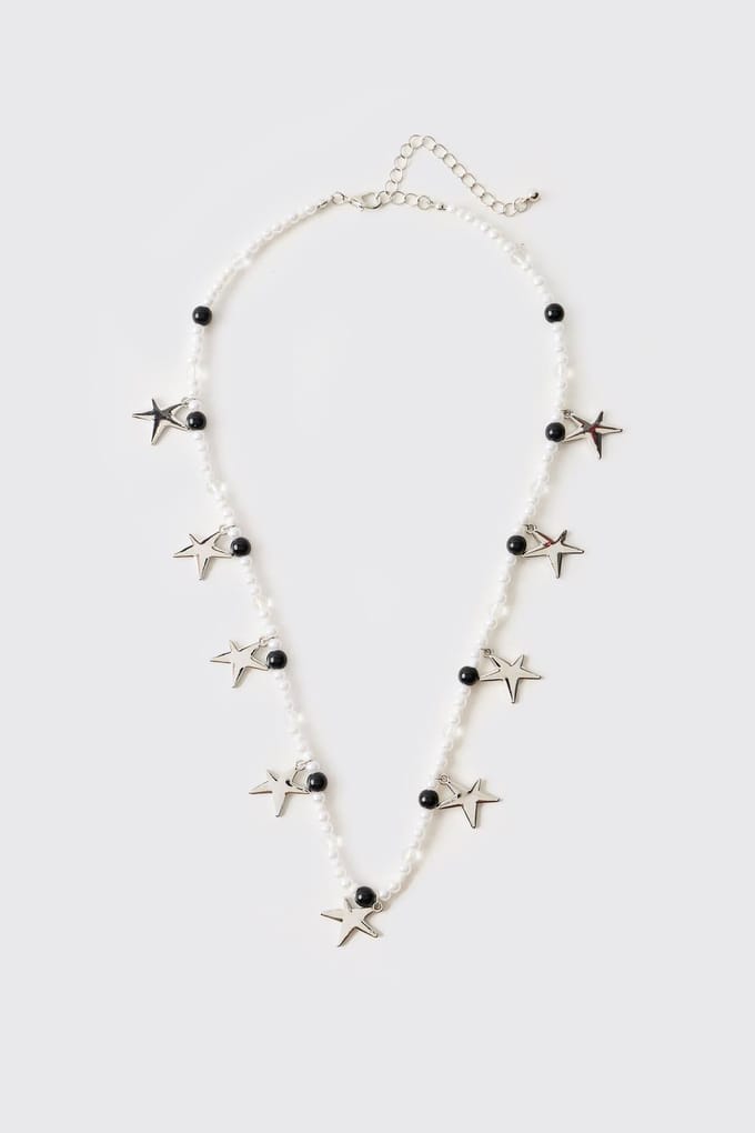 White Faux Pearl Necklace with Silver Stars