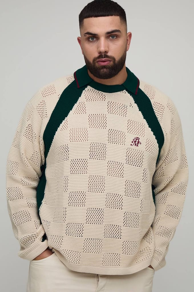Plus Oversized Retro Football Gebreide Polo | Ecru | Size 2XL