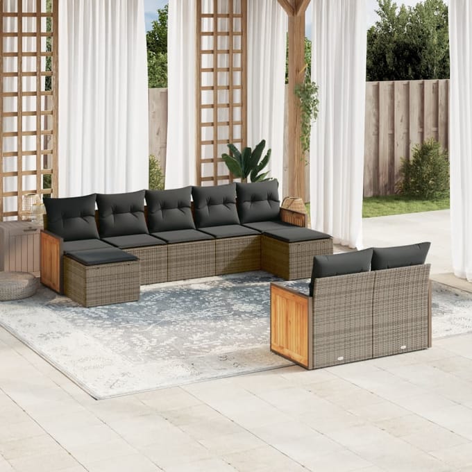 vidaXL - 9-delige - Loungeset - met - kussens - poly - rattan - grijs