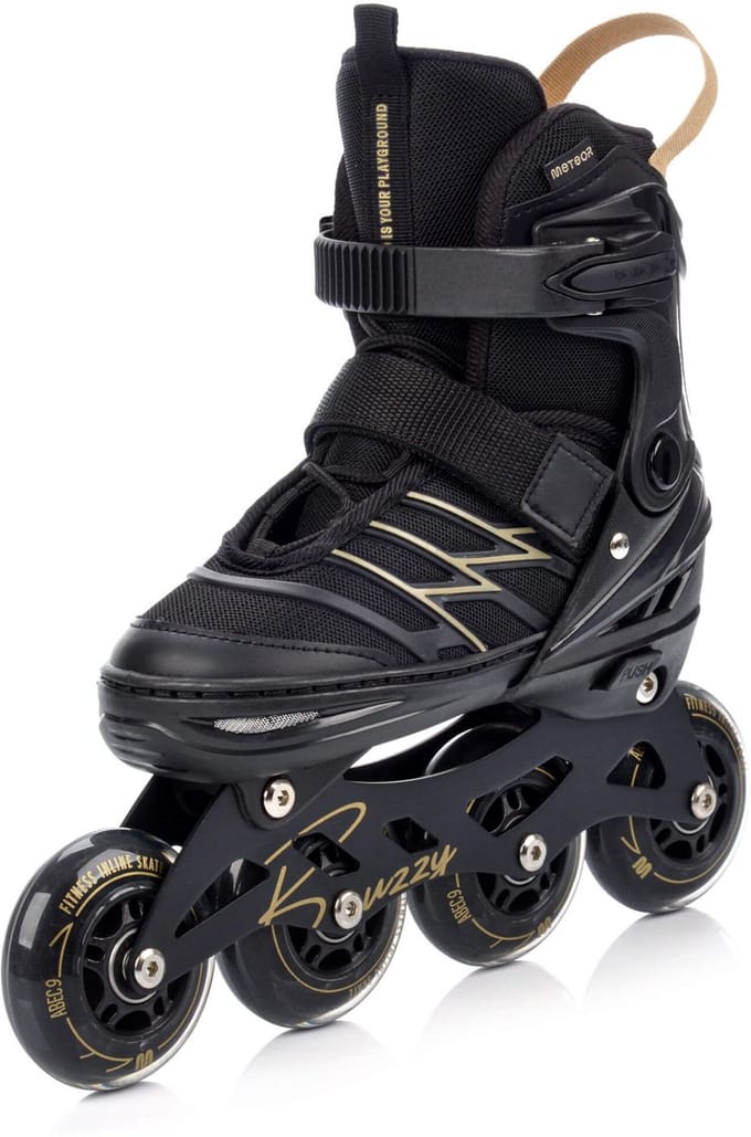 Meteor - Inlineskates Buzzy - Maat 34-38 - Zwart/Goud - Verstelbaar - ABEC-9 - Met rem