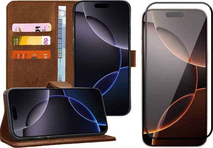 Hoesje geschikt voor iPhone 16 Pro Max - Screenprotector Volledig Dekkend Glas - Portemonnee Book Case Bruin