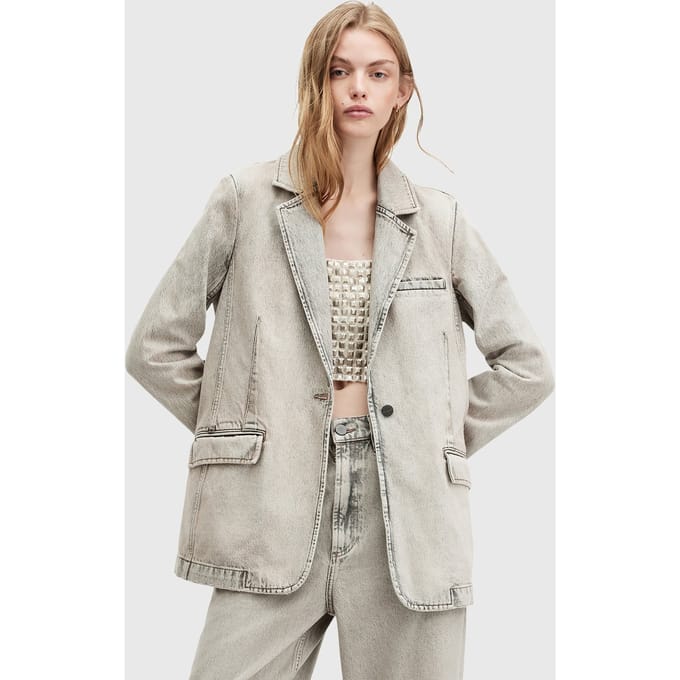 AllSaints Ever Denim Blazer Sand Grey Größe: 2 | Jeansjacken Outlet | Damen | Blau