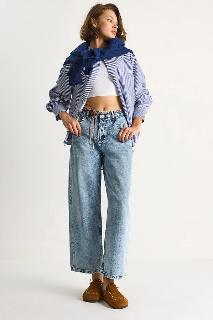 Rechthoekige Denim Broek met Koordtaille