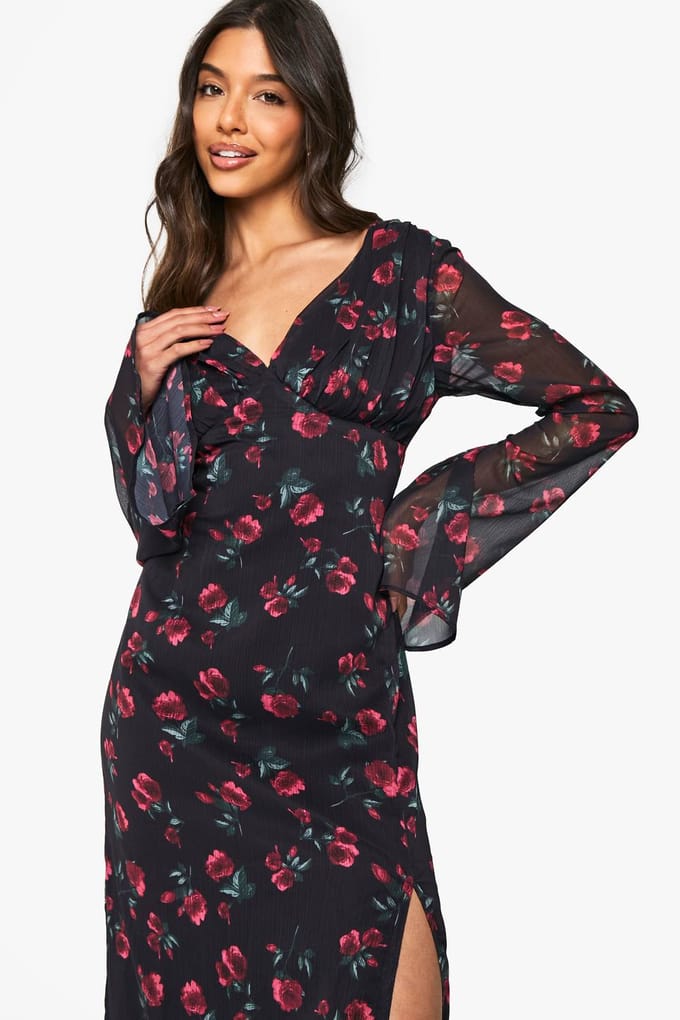 boohoo Dames Bloemige Chiffon Plongeer Maxi-jurk | Black | Maat: 8