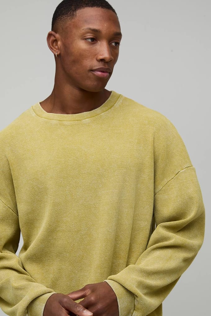 Geribbeld Oversized Boxy Acid Wash T-Shirt met Lange Mouwen | Mustard | Size Medium