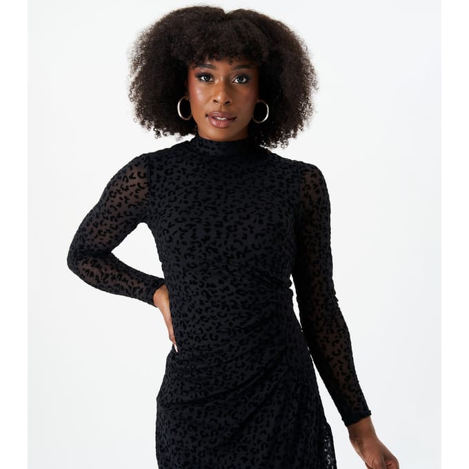 Zwarte Animal Devore midi-jurk met hoge hals