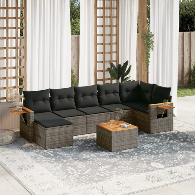 vidaXL - 8-delige - Loungeset - met - kussens - poly - rattan - grijs