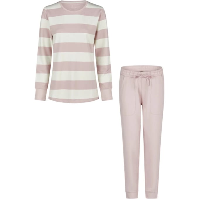 By Louise Dames Lounge Pyjama Set Lang Sweatstof Roze/Wit Gestreept - Maat M