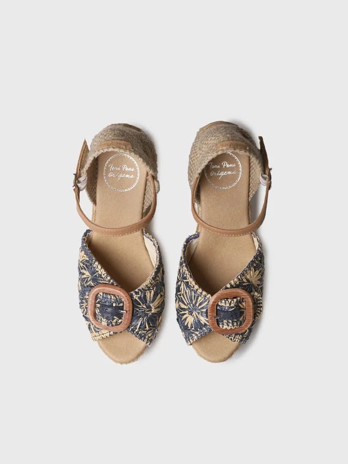 Dames espadrille met sleehak in tweekleurig raffia | LIA-RF