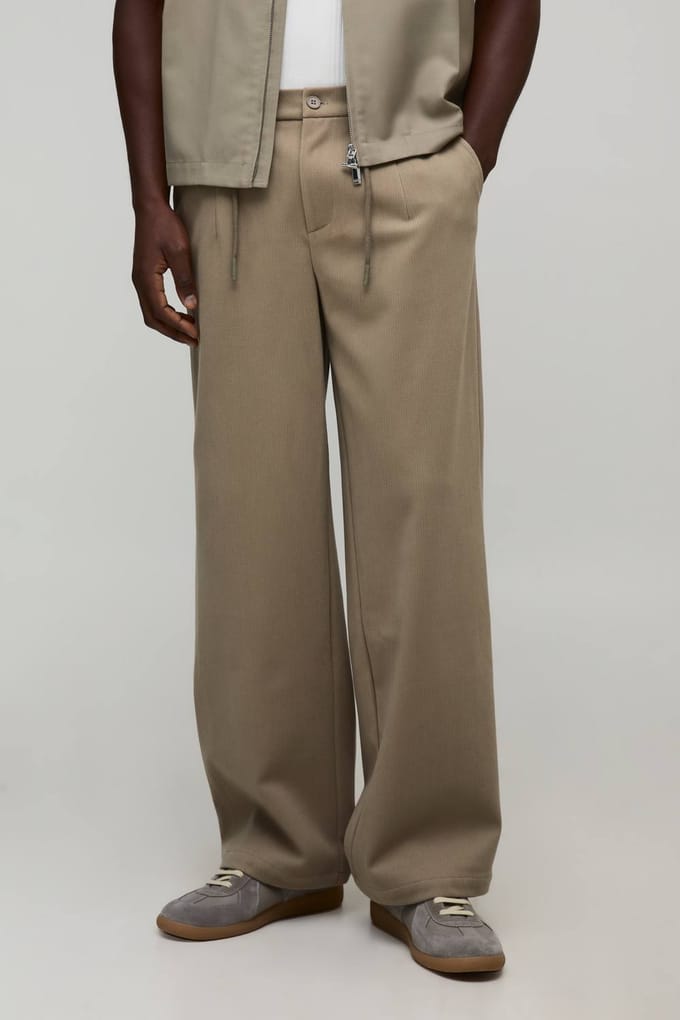 Broek met ontspannen pasvorm, half-en-half tailleband en textuur | Taupe | Size Medium