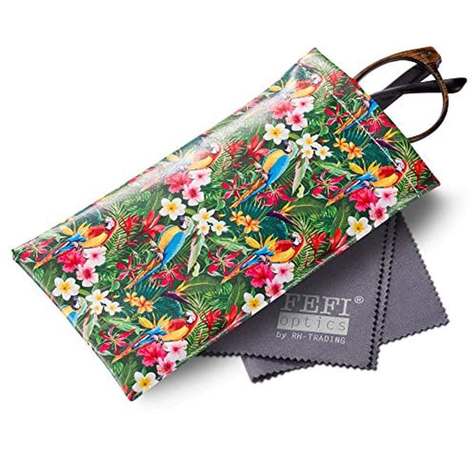 Glasses Case with Click Closure and High-Quality Microfiber Cleaning Cloth - Parrot Design