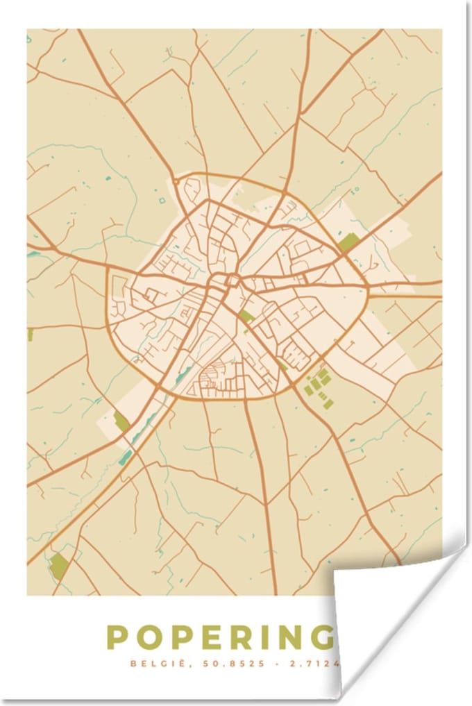 Poster Vintage - Kaart - Plattegrond - Poperinge - Stadskaart - 20x30 cm