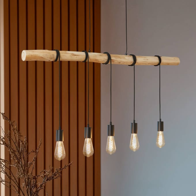 Lindby - hanglamp - 5lichts - Ijzer, hout, touw - E27 - matzwart, licht hout
