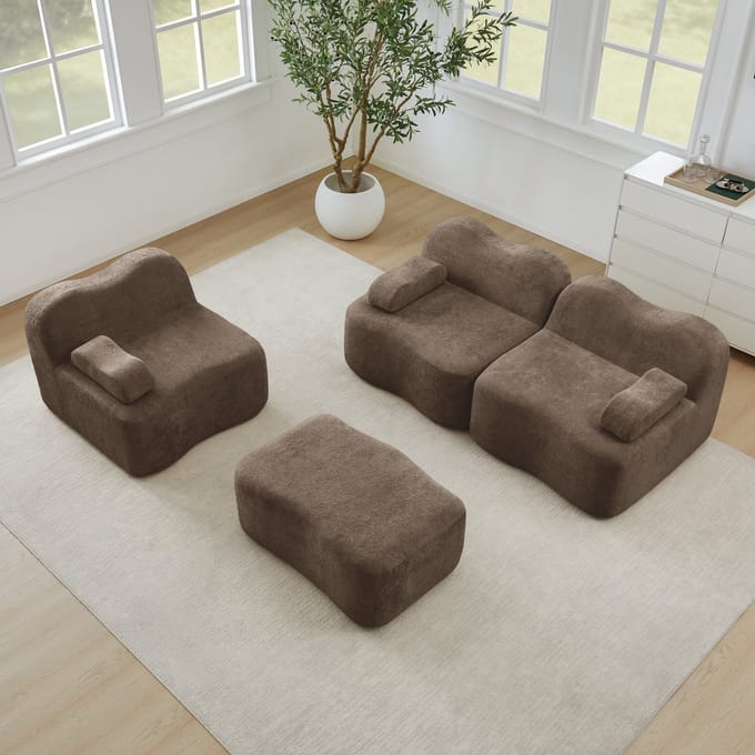 Modulaire-Hoekbank-3-Zits-Fluweel-Bruin-Frameloos-Golvend-Design-Met-Poef