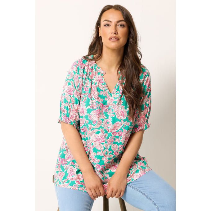 Yours Groene Paisley Top Met Ruches Aan De Hals Size 58-60