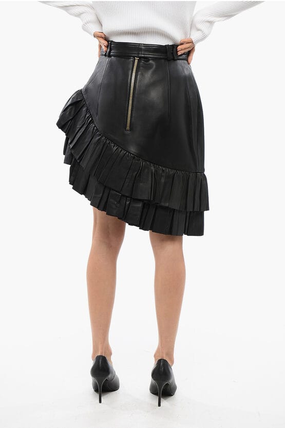 Asymmetrische leren minirok met logo-riem in zwart