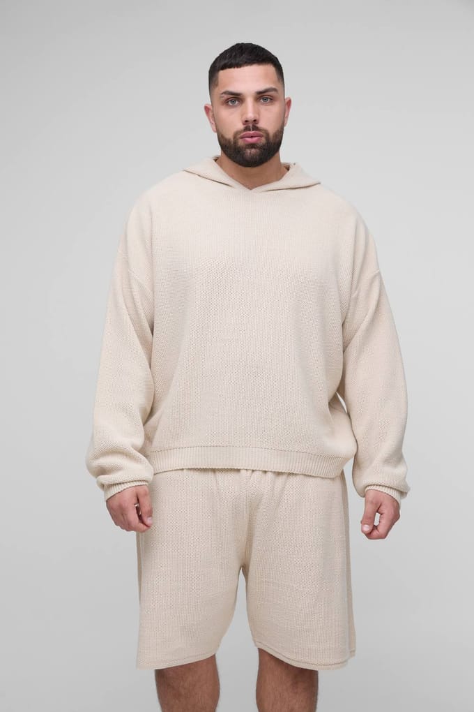 Plus Waffle Gebreide Oversized Hoodie & Short Set | Stone | Size 2XL