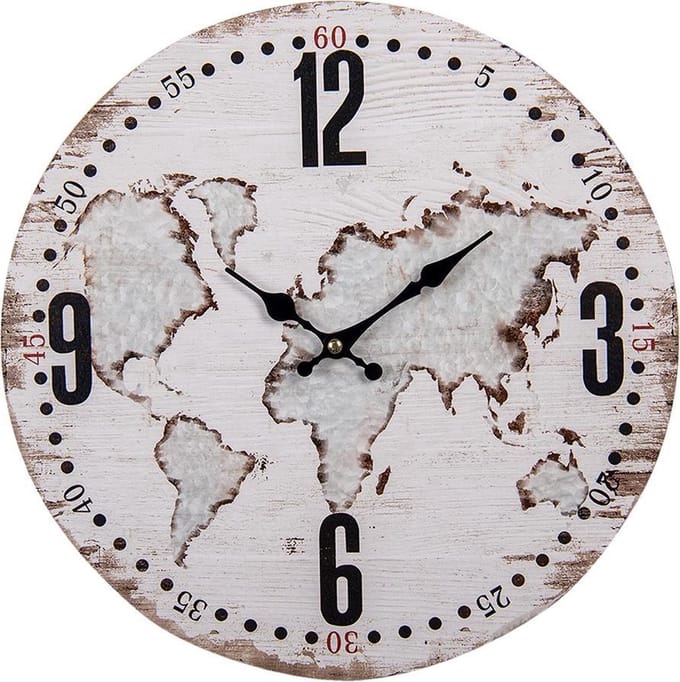 Clayre & Eef Wandklok Ø 34 cm Beige MDF Rond Wereldkaart Muurklok
